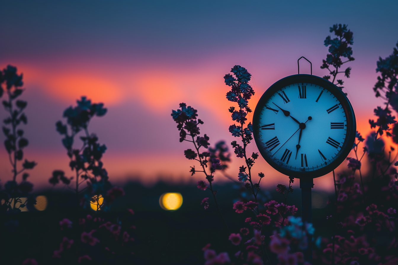 an image of a sunset with a clock on the backround