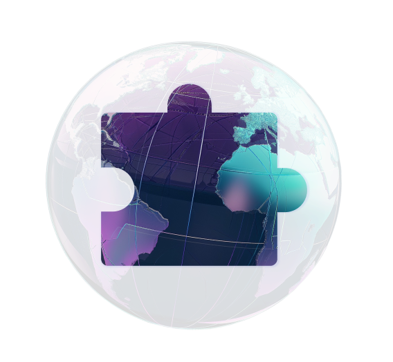 Globe coloured purple and teal with a puzzle shaped cut out to match the icon for chrome extensions.