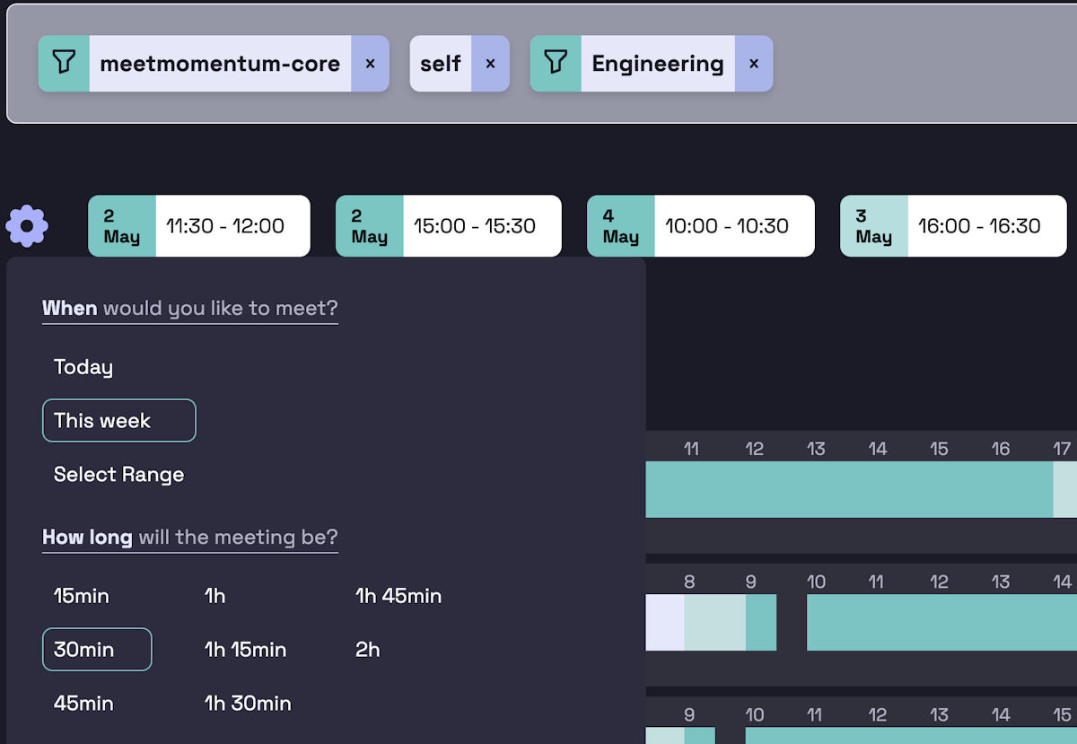 A menu allowing for setting meeting preferences for when, duration, etc.